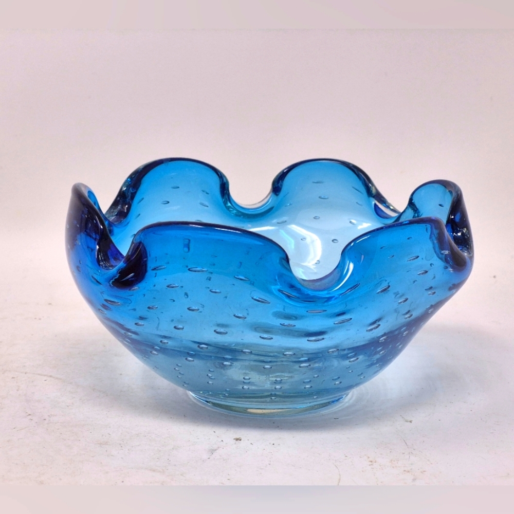Murano Style Blue Art Glass Bowl With Controlled Bubbles